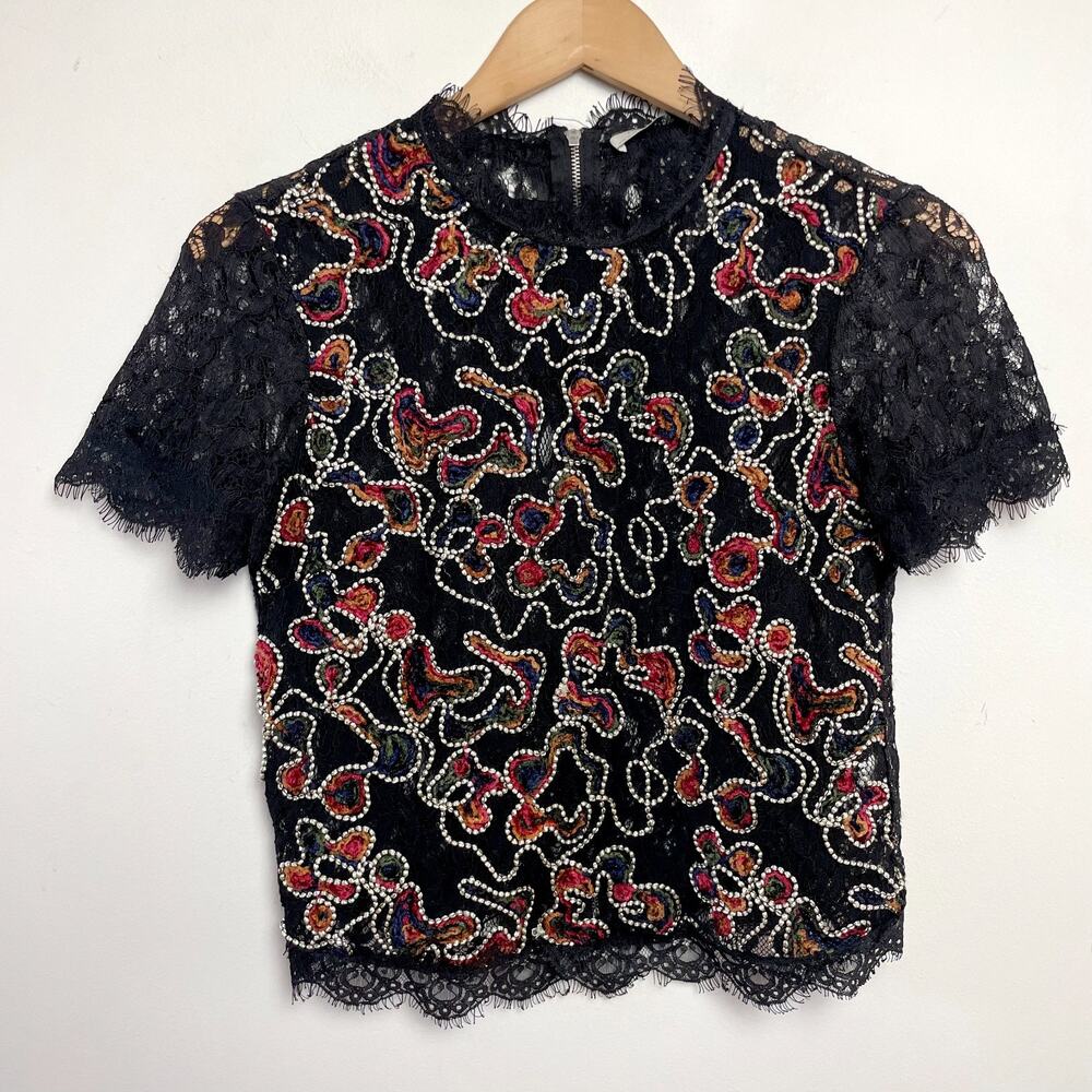 Zara Sheer Embroidered Crochet Lace Top‎ Medium Black Abstract Floral Festival